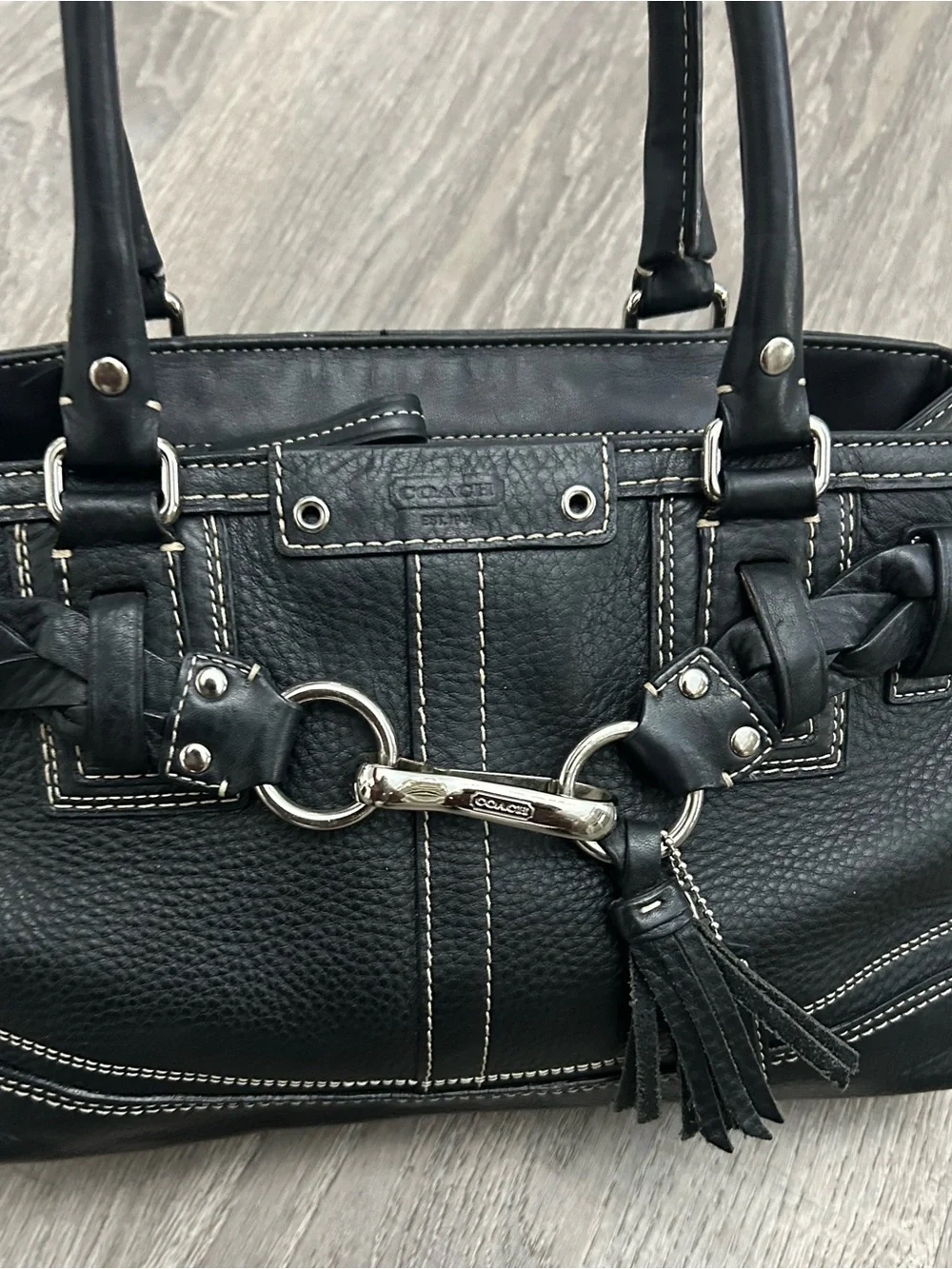 Coach Black Pebbled Leather Shoulder Bag with Silver Hardware and Tassel